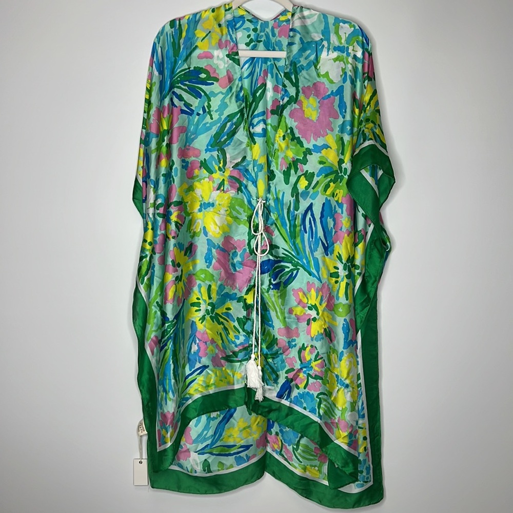 NWT Pretty Persuasions Silk Green/Yellow/Pink Floral Kimono